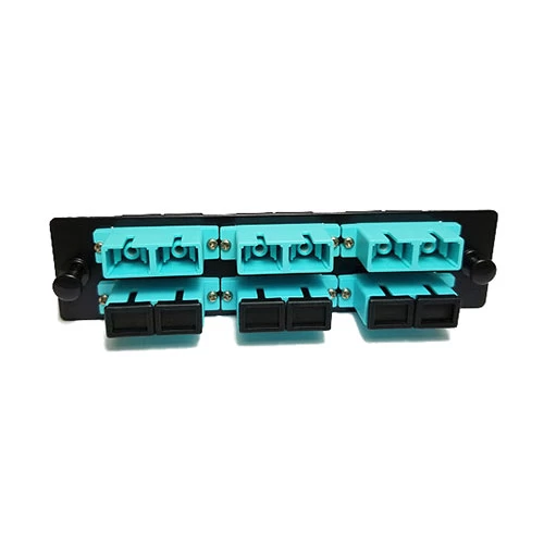 Fiber Distribution Panel Plate - 6 Aqua OM3 SC/UPC Duplex Ports 3 Fiber Distribution Panel Plate - 6 Aqua OM3 SC/UPC Duplex Ports