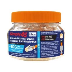 STP Cat6a Crimp Plugs, Ext Grnd, Orange Tint, 50pc, Simply45 -Network Cable Store s45 1155 v05